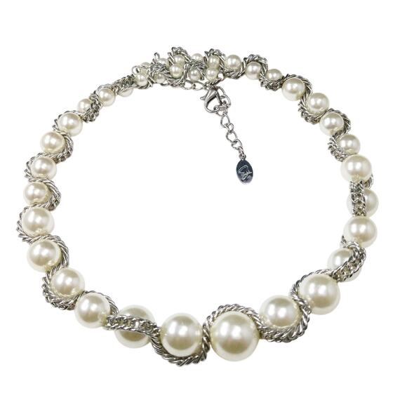 Faux Pearl Silver Chain Memory Wire Choker Necklace, 21 Inches, CG Hangtag - Picture 1 of 8